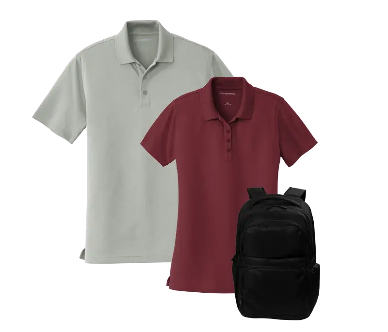 sub page banner image 1 Two polo shirts, one light gray and one burgundy, paired with a sleek black backpack, arranged against a transparent background.