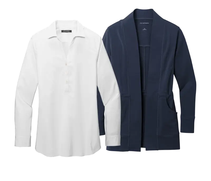 Store Benefits webp A white long-sleeve button-up shirt beside a navy cardigan with pockets, showcasing a modern and stylish apparel pairing.